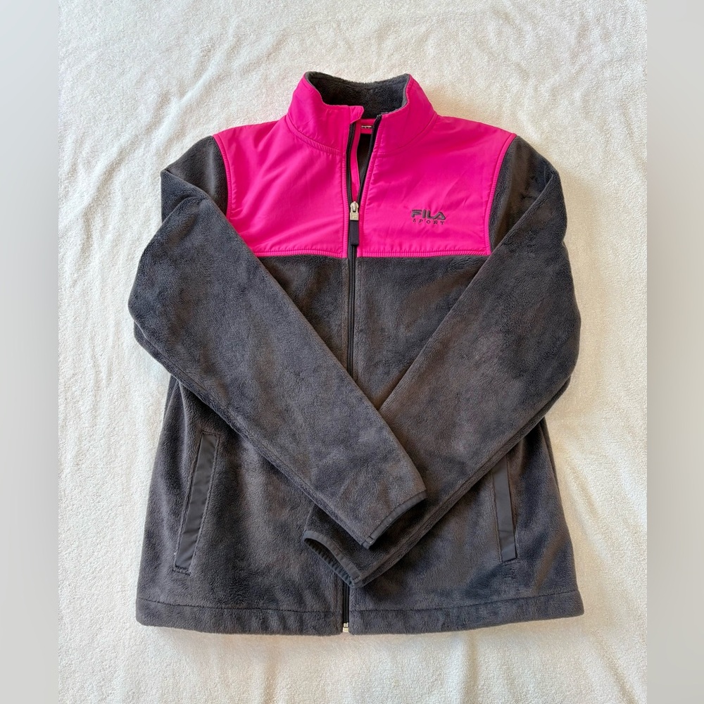 Fila Sport Women’s Grey Full Zip Fleece Jacket with Neon Pink Nylon Trim Size M